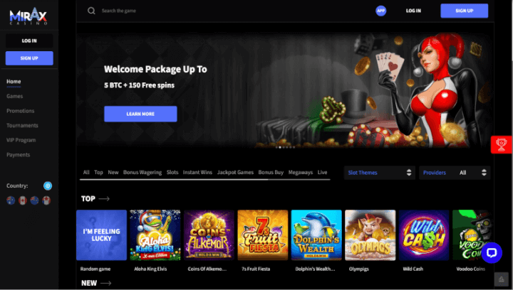 Mirax Casino webpage